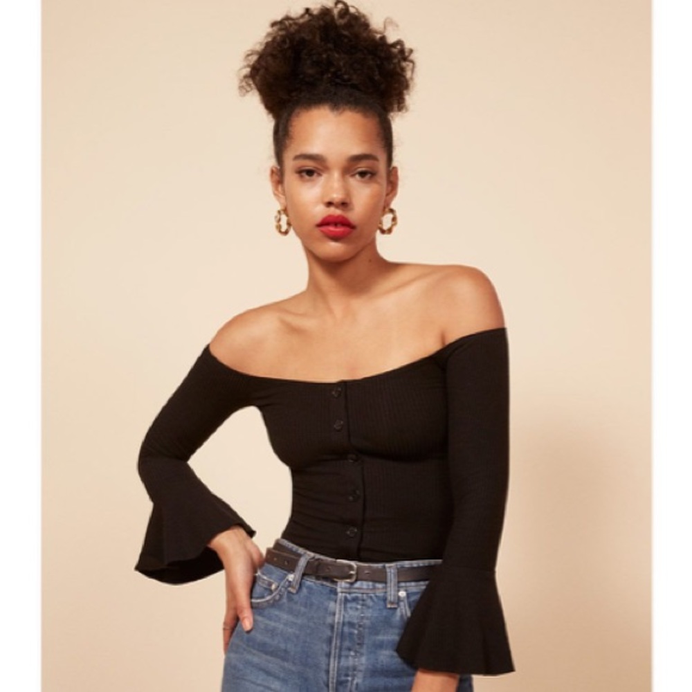 Reformation Black Ribbed 3/4 bell sleeve top